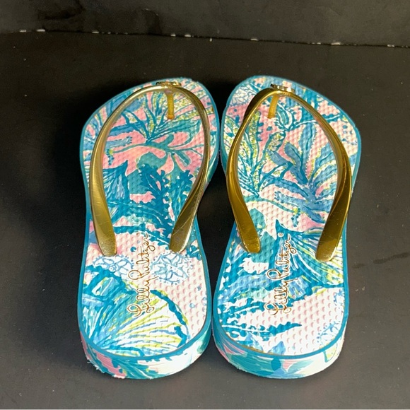 Lilly Pulitzer Multicolor Floral Gold Strap Flip Flops Sandals Womens Size 8 - Picture 4 of 12